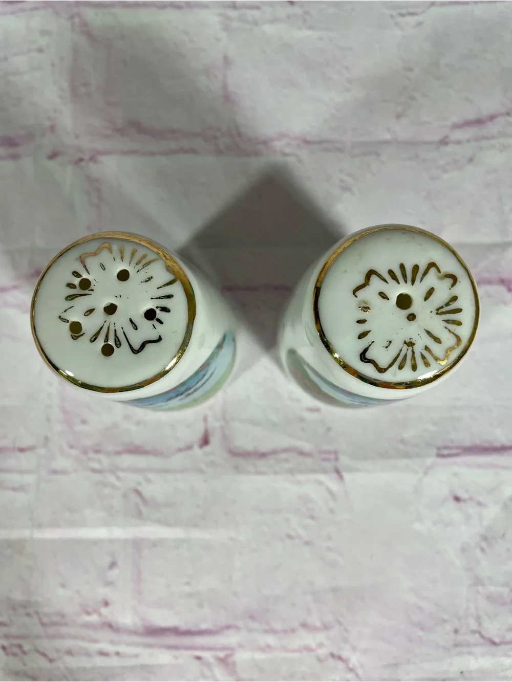Vintage God Bless Our Home Gold Gilt Porcelain Salt and Pepper Shaker Pair